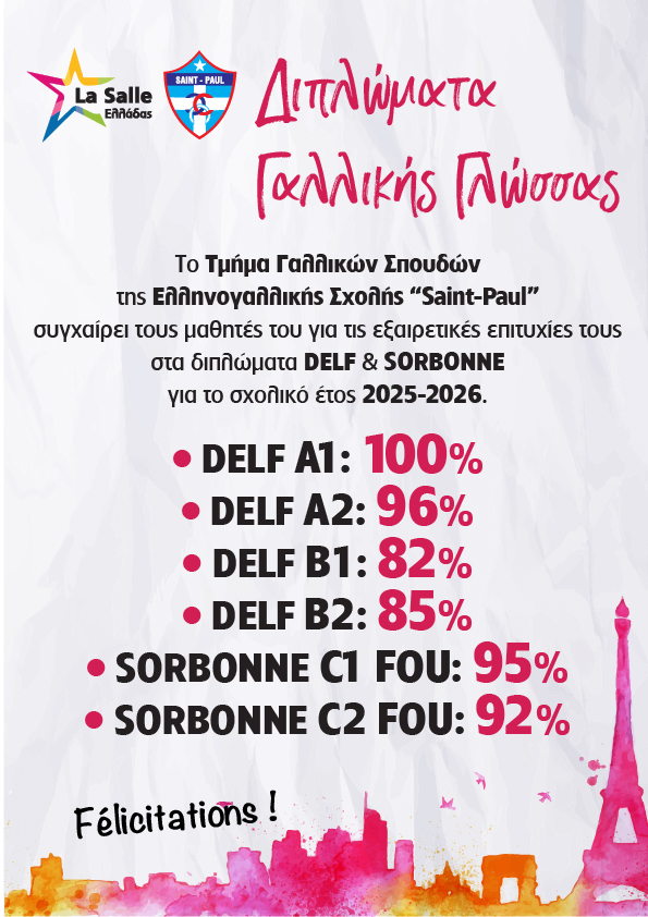 Εξαιρετικές επιτυχίες στα Διπλώματα Γαλλικής Γλώσσας DELF & SORBONNE 2025–2026